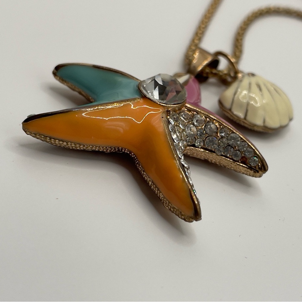 Betsey Johnson Starfish Necklace Rhinestone Enamel Shell Charm